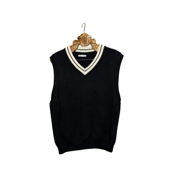 Zara Sweater Vest Mens Knit Black White V Neck Trim Preppy Cotton Medium - Picture 1 of 5